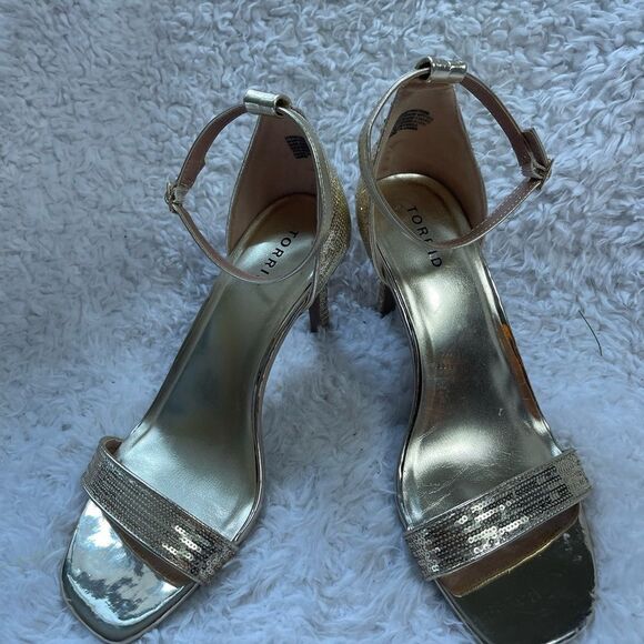 Torrid Gold sequins ankle strap heels sandals double wide size 12 - Picture 4 of 11